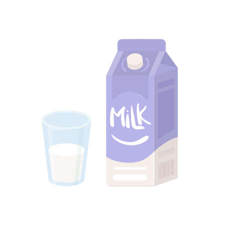Milk in box and glass of milk. Breakfast preparation conceptのイラスト素材