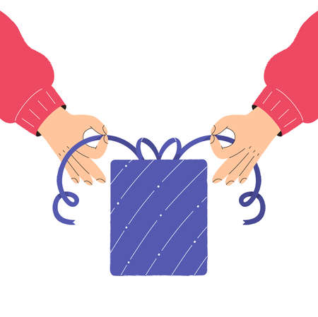 Hands packing a Christmas gift box. The concept of preparing for the winter holidays. Self-packing of gifts.のイラスト素材