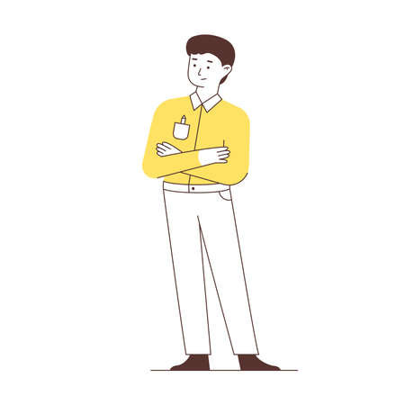 Office worker stands with his arms crossed. Vector line art illustration isolated on white background.のイラスト素材