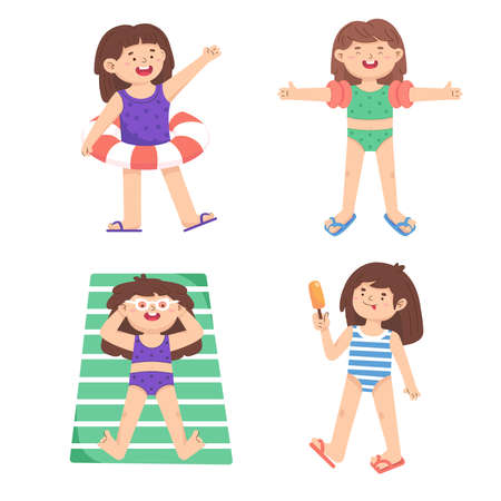 Little girls play on the beach, have sunbathing, eats ice cream. Activity at sea.のイラスト素材