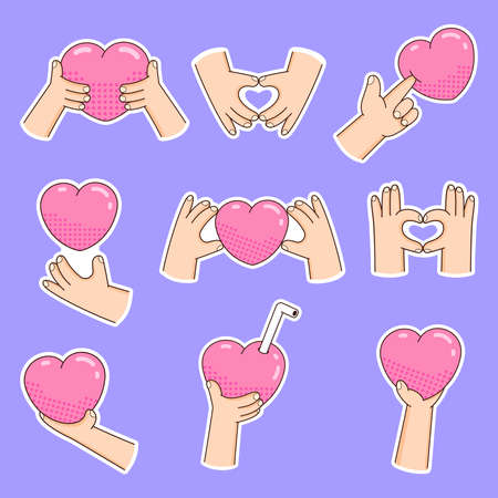 Set of stickers hand holds red heart. Love day clipart. Heart shape. Valentines day vector Illustrationのイラスト素材