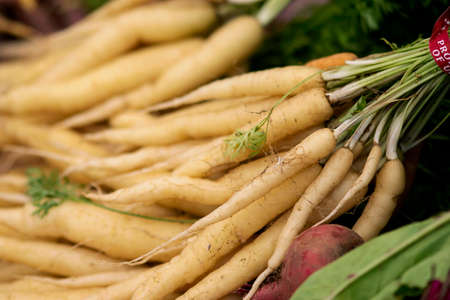 White carrots sit for sale at a summer farmers market.