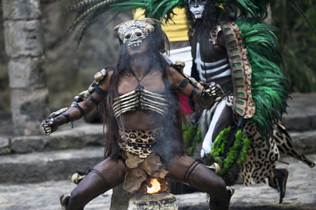 Tulum, Mexico, March 12th, 2017: Man in Maya indian costumeのeditorial素材