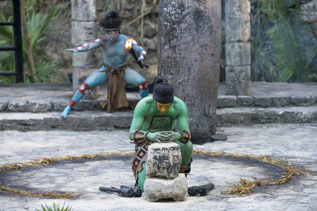 Tulum, Mexico, March 15th, 2017: Men in Maya indian costume in Tulum, Mexicoのeditorial素材