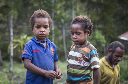 Baliem Valley, West Papua, Indonesia, February 14th, 2016: Dani tribe kids in rural areaのeditorial素材