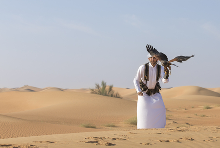 Dubai, UAE, November 19th, 2016: A falconer in traditional outfit, training a Harrier Hawk...