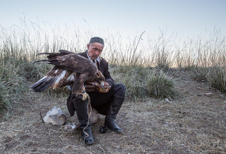 BAYAN ULGII, MONGOLIA - CIRCA OCTOBER 2015: eagle hunter feeding his eagle