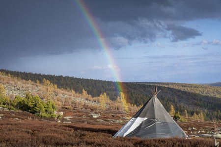 yurt in a landscape of northern Mongolian taigaの写真素材