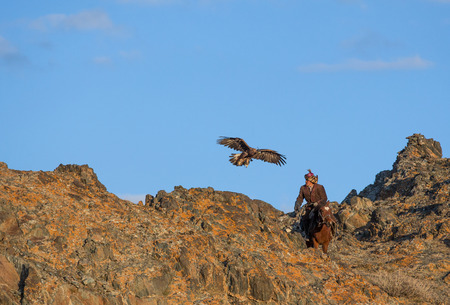Bayan Olgii, Mongolia, September 2015: eagle hunter on a horse training his bird
