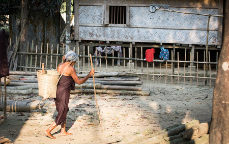 Chittagong, Bangladesh, 7th March, 2016: old woman walking with a basket at her backのeditorial素材