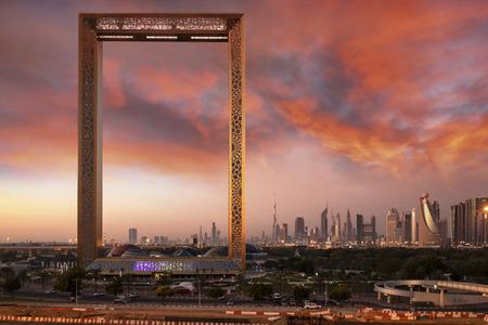 Dubai, United Arab Emirates, January 13th, 2018: Dubai Frame building at sunriseのeditorial素材