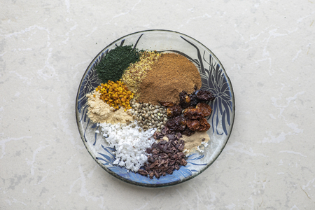 plate full of different of supoerfoodsの写真素材