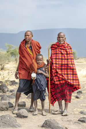 Arusha, Tanzania, 7Th September 2019: three generations of maasai men in nature of northern Tanzaniaのeditorial素材