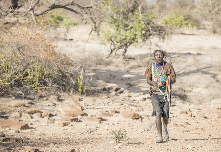 Lake Eyasi, Tanzania, 11th September 2019: Hadzabe men out hunting - for birs, rodens, honey or game