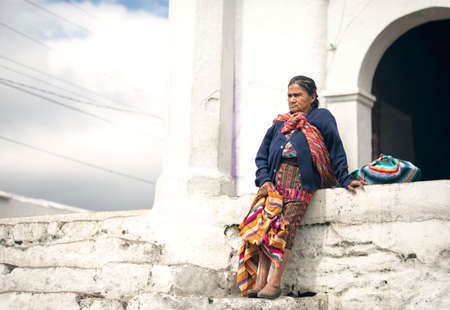 chichicastenango, Guatemala, 27th February 2020: mayan woman resting at the traditional market of Chichicastenangoのeditorial素材