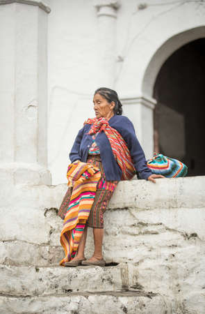 chichicastenango, Guatemala, 27th February 2020: mayan woman resting at the traditional market of Chichicastenangoのeditorial素材