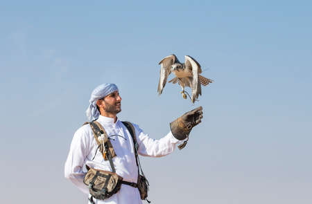 Dubai, United Arab Emirates, 18th November 2016: falconer with his falcon in a desert