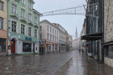 Tallinn, Estonia, 18th March, 2021: old Tallinn in a snow stormのeditorial素材
