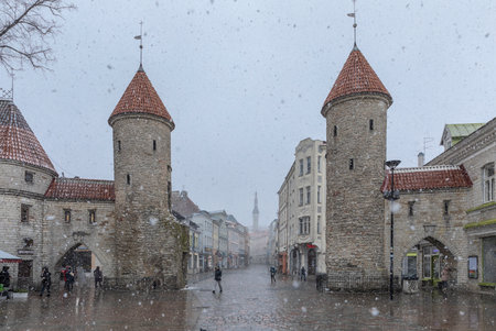Tallinn, Estonia, 18th March, 2021: old Tallinn in a snow stormのeditorial素材