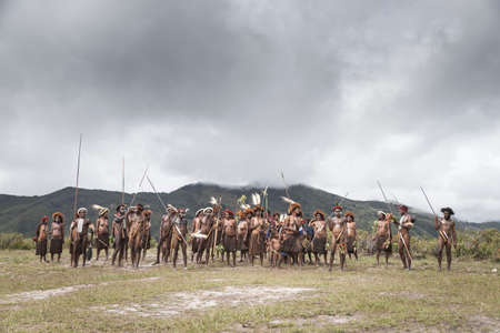 Baliem Valley, West Papua, Indonesia, February 15th, 2016: dani tribe people of Baliem Valley in their traditional outfitsのeditorial素材
