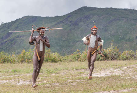 Baliem Valley, West Papua, Indonesia, February 15th, 2016: dani tribe people of Baliem Valley in their traditional outfitsのeditorial素材