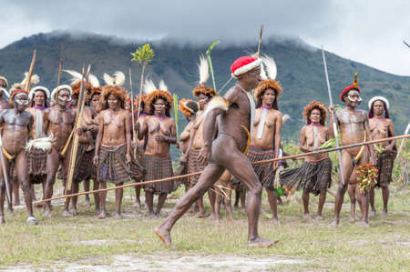Baliem Valley, West Papua, Indonesia, February 15th, 2016: dani tribe people of Baliem Valley in their traditional outfitsのeditorial素材