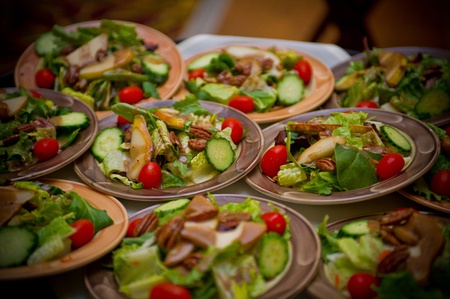Tray of various delicious dinner saladsの写真素材