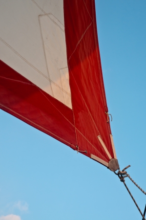 Corner of red and white jib sail with jibsheet showingの写真素材