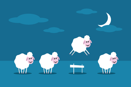 Sheep jumping on the fence in the night. Counting sheep to sleepのイラスト素材