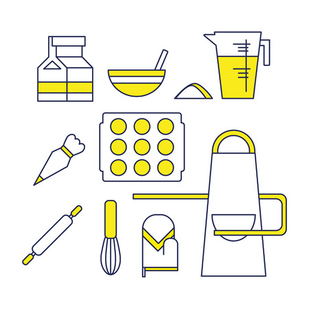 Linear cooking and baking elements isolated on white, kitchen iconsのイラスト素材