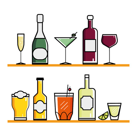 Set of vector glasses and bottles. Bar or pub illustrationのイラスト素材