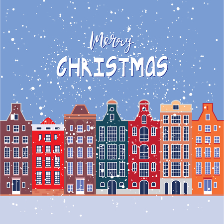 Merry Christmas greeting card with winter european townのイラスト素材
