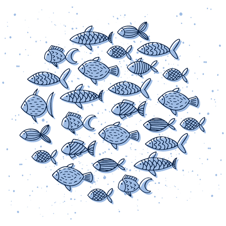Vector illustration. hand drawn fish in circle compositionのイラスト素材