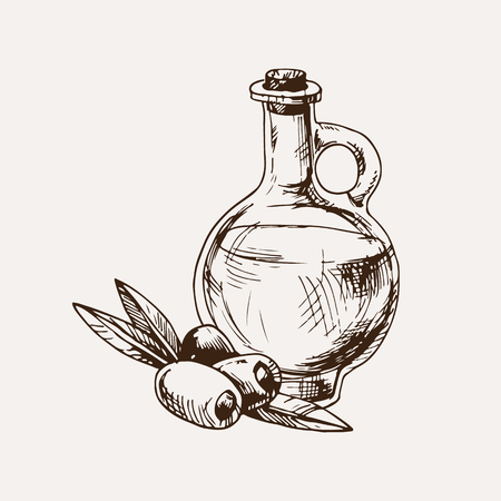 sketched style vector illustration with olives and oil bottleのイラスト素材
