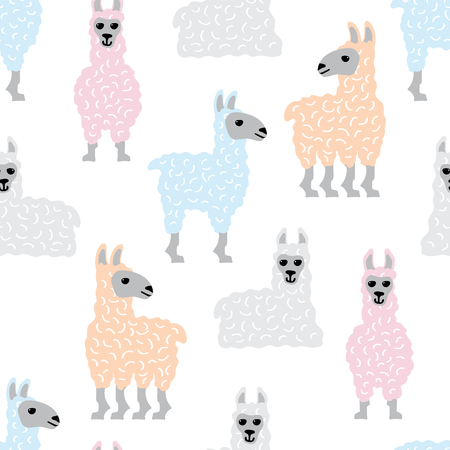 seamless vector pattern with cute hand drawn lamasのイラスト素材