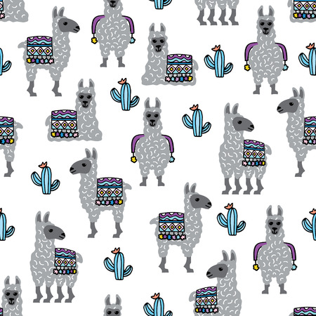 seamless vector pattern with cute hand drawn lamasのイラスト素材