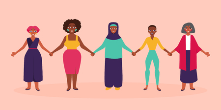 Diverse group of women holding hands. Flat style vector illustrationのイラスト素材