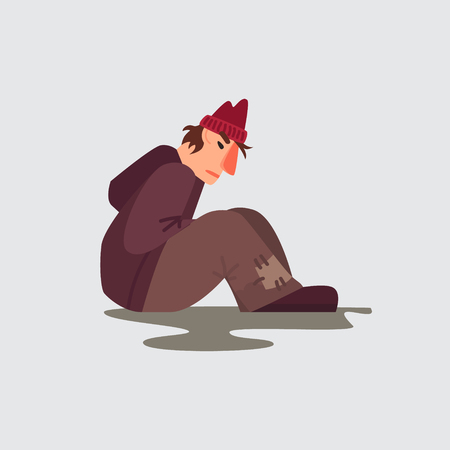 Homeless person vector character isolated. Flat style illustrationのイラスト素材
