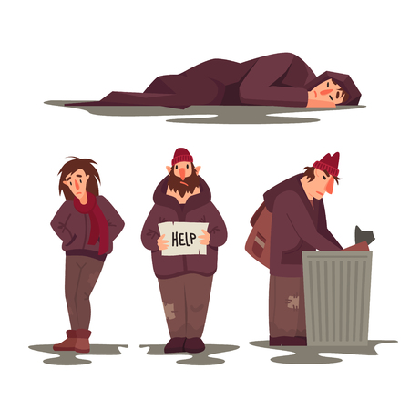 Homeless people vector characters set. Flat style illustrationのイラスト素材