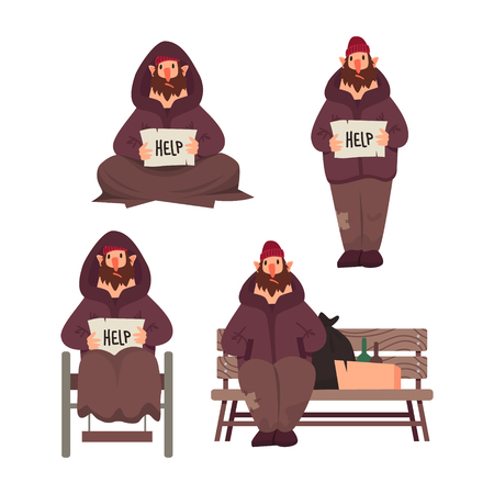 Homeless people vector characters set. Flat style illustrationのイラスト素材
