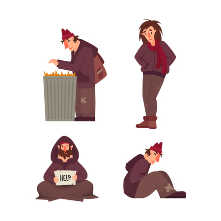 Homeless people vector characters set. Flat style illustrationのイラスト素材