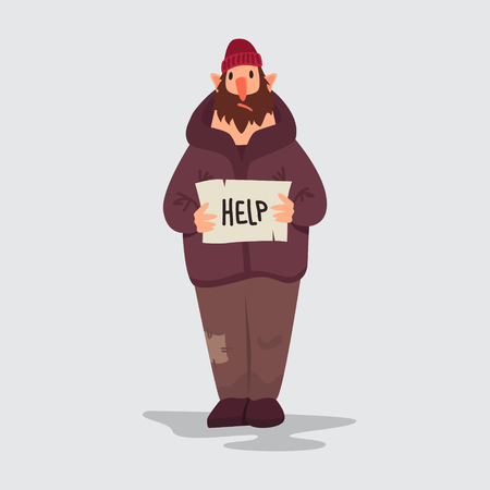 Homeless person vector character isolated. Flat style illustrationのイラスト素材