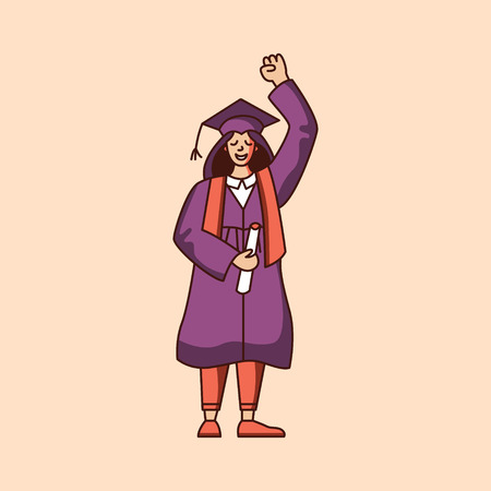 Vector character of a female student in graduation gown. Flat style illustrationのイラスト素材
