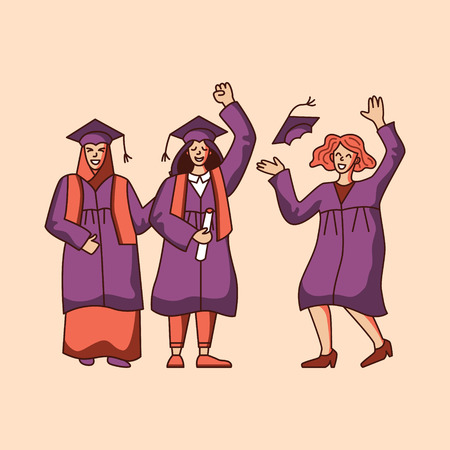 Group of female students celebrating graduation. Flat atyle vector illustrationのイラスト素材