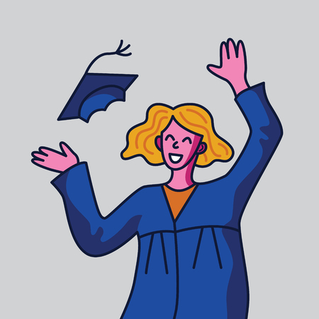 Vector character of a female student in graduation gown. Flat style illustrationのイラスト素材