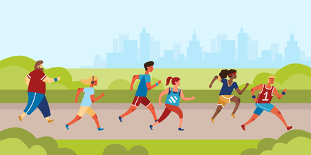 Group of people jogging in the park. Runners character set. Flat style vector illustrationのイラスト素材