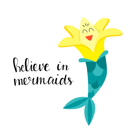 Funny image of a banana mermaid isolated on white. Flat style vector illustrationのイラスト素材