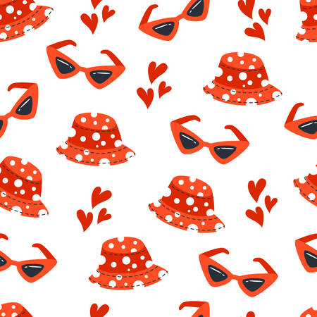 Seamless vector pattern with red panama hat, sunglasses and heartsのイラスト素材