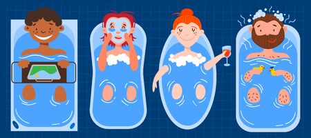 Set of female and male vector characters taking a bathのイラスト素材