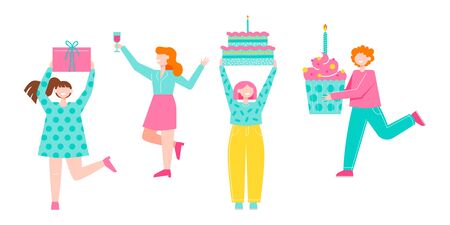 Set of colorful people characters holding gift boxes and birthday cake. Flat style vector illustration.のイラスト素材